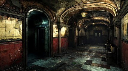 Fototapeta premium Old building hallway dark decayed interior