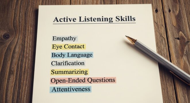 Closeup of notepad with active listening skills checklist on wood desk including empathy eye contact body language summarizing communication tips