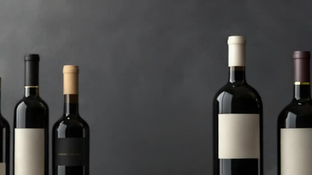 Wine bottles with blank labels resting on wooden table against dark background