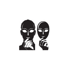 Mask Held Beside Real Face Silhouette on White Background – Vector Illustration for Identity Duality, Emotional Authenticity, and Symbolic Self-Expression Concepts