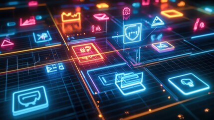 Obraz premium neon grid platform supporting floating entrepreneurial icons