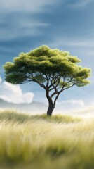Tree in meadow with sky showcases nature beauty and ecosystem environment
