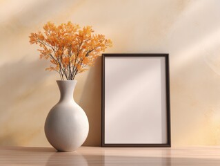 Vase with autumn floral decoration next to an empty picture frame for interior design mockups