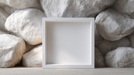 White frame mockup with stone background for product display or artwork presentation
