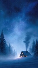 Winter Cabin Under Starry Night Sky in Snowy Landscape Scene