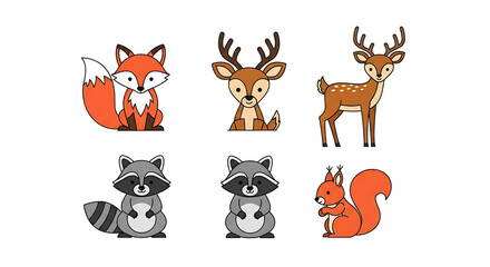 Obraz premium Cartoon Forest Friends: A Cute Collection of Woodland Creatures, Whimsical Wildlife Illustrations for Children's Designs and Nature Themes