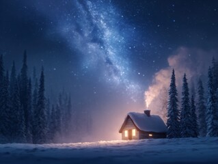 Winter Cabin Under the Milky Way with Snow Covered Pine Forest