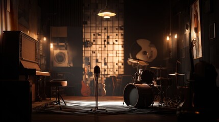 Naklejka premium Vintage Music Studio with Drum Set, Upright Piano and Warm Ambient Lighting