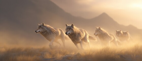 Wolf pack runs across the grassland at dawn to embody strength, resilience and freedom