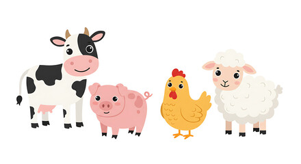 Cartoon Farm Animals: Cute Cow, Pig, Chicken, and Sheep Vector Illustration, Playful Vector Art of Adorable Farm Animals for Children's Designs