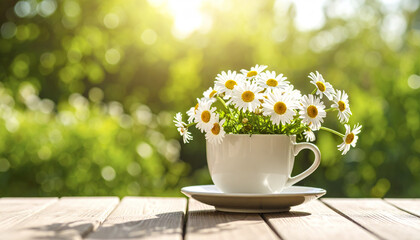 Fototapeta premium White chamomile flowers in teacup on wooden table with sunlight and green garden