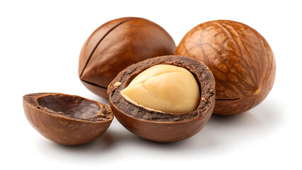 Macadamia Nut Whole Or Shelled On White Background Healthy Snack Idea