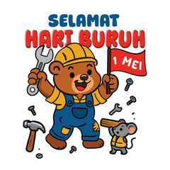 Happy Labor Day Selamat Hari Buruh Bear in Uniform Holding Tools with Joyful Smile