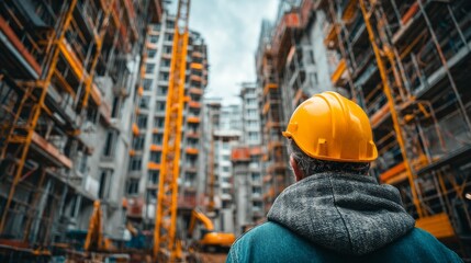 Construction worker in yellow hard hat and blue jacket observes bustling urban building site with cranes, scaffolding, and machinery under overcast sky.