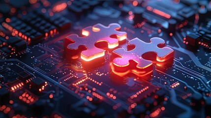 Two interlocking glowing puzzle pieces on a digital circuit board background, teamwork concept, 3D render.