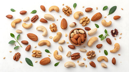 Nuts Mixed Variety On White Background Healthy Protein Rich Snack Food
