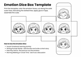 Feelings and Emotions Dice Box Template | SEL Activity for Kids | Writing Prompt Starter | Role Play Game | Coloring Craft for Classroom