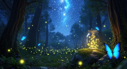 Obraz premium Enchanting Forest Scene with Fireflies and Butterflies Under a Starry Night Sky
