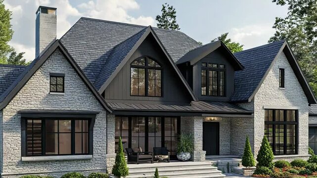 Modern stone and siding luxury home with large windows and landscaped yard - Powered by Adobe