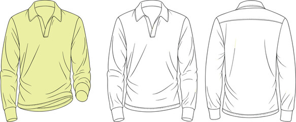 Long sleeve polo shirt flat vector with front side twist view, realistic apparel mockup, fashion illustration, clothing technical sketch