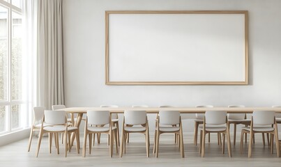 A modern office meeting room with long wooden table and chairs