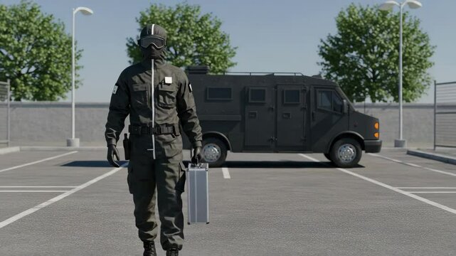 Armed security guard in tactical uniform carrying secure briefcase near armored truck in parking lot. Concept of high-risk money transport, protection and security operation in daylight.