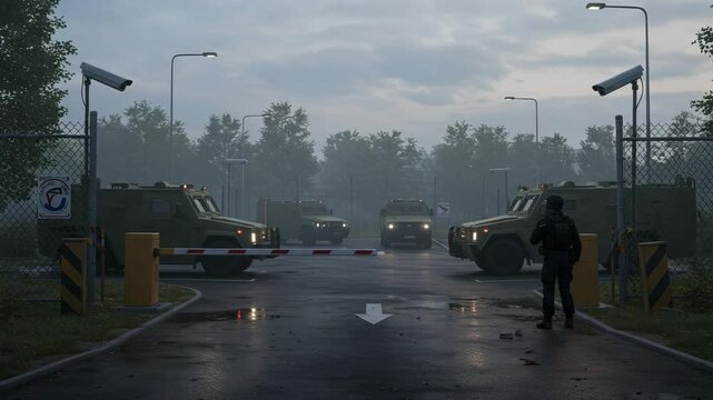 Military checkpoint with armored vehicles behind security gate. Soldier standing guard, surveillance cameras monitoring area. Foggy morning atmosphere creates tension and sense of restricted access.