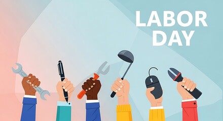 Diverse hands holding tools, celebrating Labor Day with a gradient background.