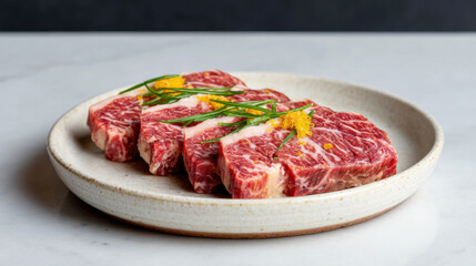Obraz premium Four marbled raw steaks garnished with herbs and zest, arranged neatly on a round ceramic plate.