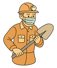 Miner Holding Shovel Wearing Safety Helmet and Mask