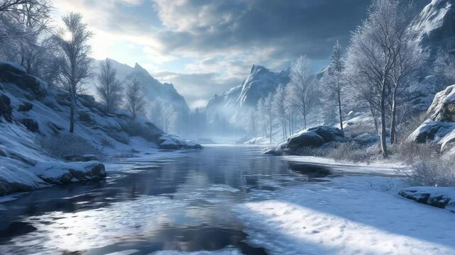 Snow-covered mountain river in peaceful winter valley under dramatic cloudy sky. Frozen landscape with icy water, frosty trees, and scenic rocks. Cold nature concept with majestic calm.