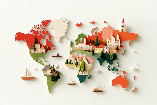 Colorful paper cutout world map featuring various landscapes, buildings, and trees, showcasing blend of urban and natural elements. design highlights different regions with vibrant colors - Powered by Adobe