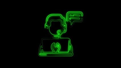 Glowing neon green support operator with headset and chat bubble on black background