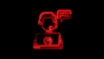 Neon line illustration of a customer service representative helping a client with technical support