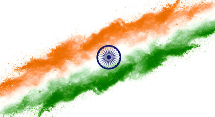 Indian national flag abstract design with tricolor powder explosion and Ashoka Chakra symbol, representing patriotism, independence, culture, and pride