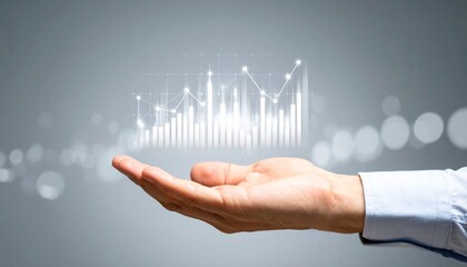 A line graph showing real-time stock price trends floating above a hand on a blurred grey background