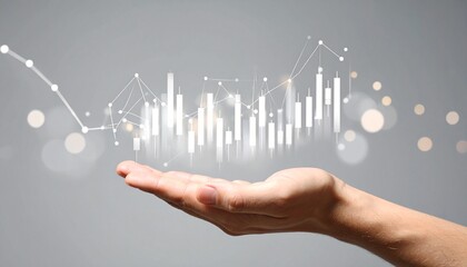 A line graph showing real-time stock price trends floating above a hand on a blurred grey background