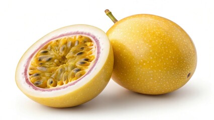 Yellow Passion Fruit A Whole Fruit and a Halved Fruit on White