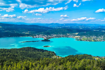 Fototapeta premium A view from the Pyramidenkogel observation tower on Lake Wörthersee
