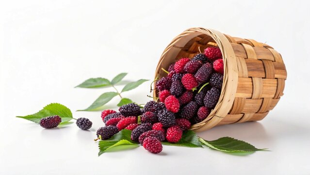 Fresh Mulberries Spilling from a Woven Basket on White Background