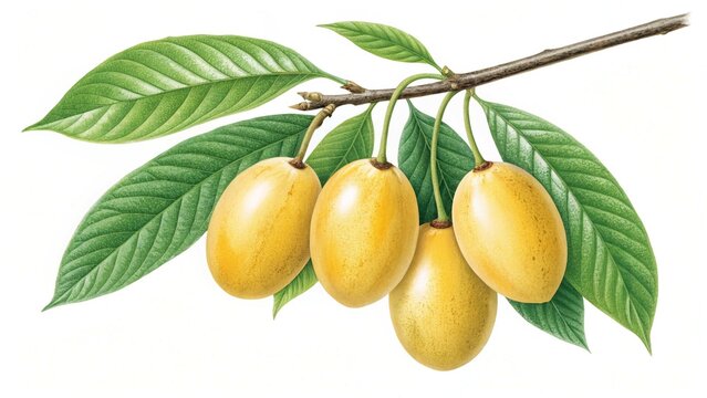 Botanical Illustration of Lucuma Fruit with Leaves on a Branch
