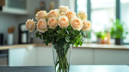 Vase with beige roses sitting on the kitchen table, adding a touch of elegance to the space.
