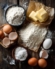 Ingredients for Baking: Flour, Eggs, Butter, and Sugar on Wood Surface