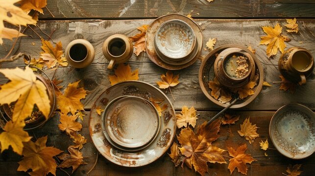 overhead view of a rustic thanksgiving table with generic dishes and autumnal leaves warm tones .