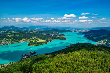 A view from the Pyramidenkogel observation tower on Lake Wörthersee