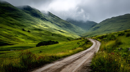 Majestic Green Valleys and Misty Mountains with a Serpentine Path in a Remote Landscape