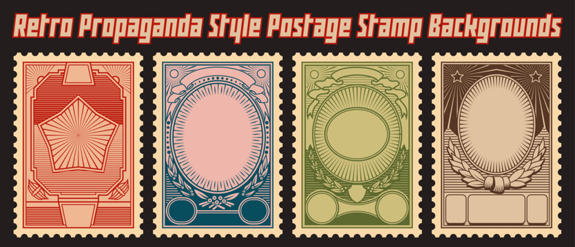 Retro Propaganda Postage Stamp Backgrounds. Decorative Linocut Backgrounds, Vector Templates for Propaganda Posters, Covers, Illustrations