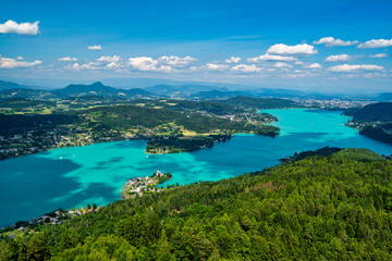 A view from the Pyramidenkogel observation tower on Lake Wörthersee