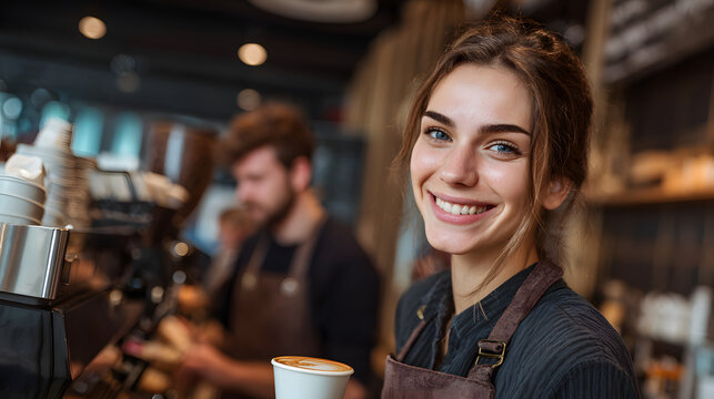 Young Barista Smiling in Coffee Shop with Latte Art in Hand