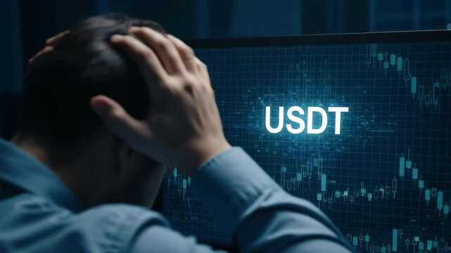 Stressed person holding their head while viewing news about USDT situation on a computer screen, reflecting market anxiety
